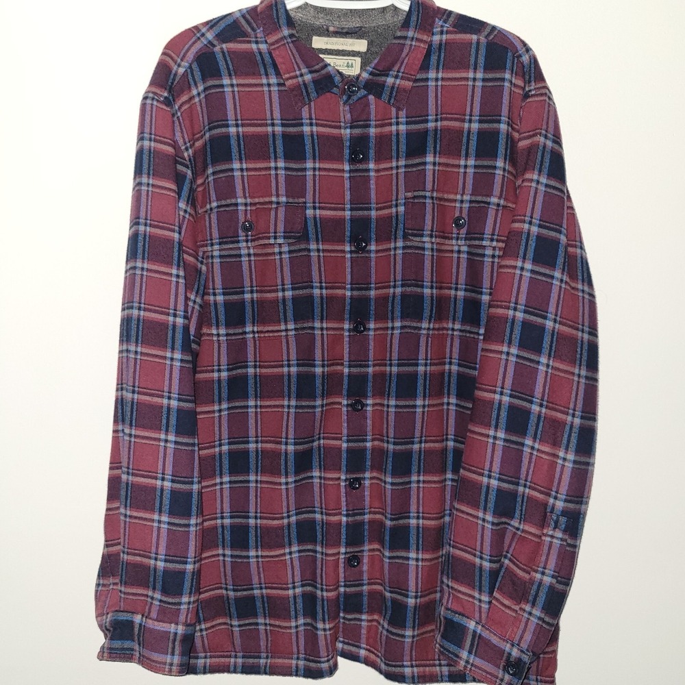 LL Bean Tradional Fit Long Sleeve Button Up Men Size Large Regular Plaid Fleece